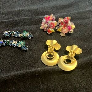 Gold and Floral and blue stone 3 piece earring set